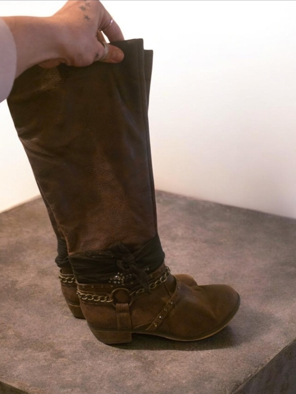 Buckle Brown Over-the-Knee Leather Boots with Chain & Wrap Detail